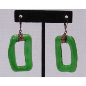 Vintage Green Glass Upcycled Handmade Earrings Copper Wire Dangle Artisan Artsy